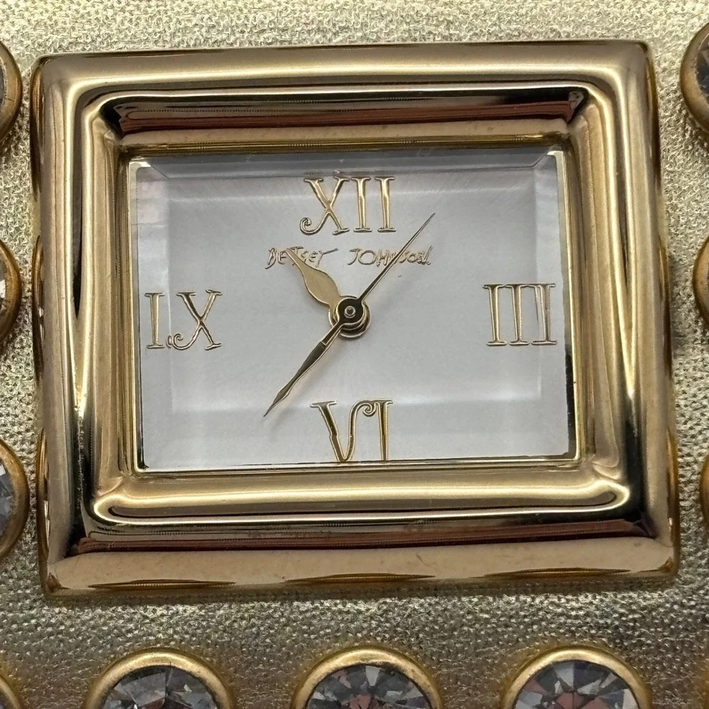 Betsey Johnson Leather Crystal Watch Wide Cuff Gold Tone - Needs Battery - Picture 2 of 15